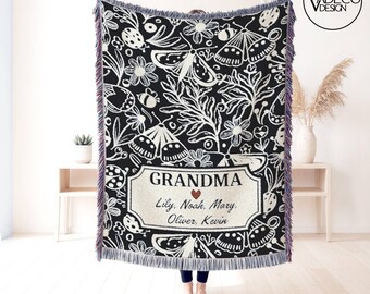 Manta tejida floral vintage personalizada para abuelas, regalo de los nietos con nombres, de algodón con mariposa, suave y de recuerdo, regalo para la abuela Nana Mimi.