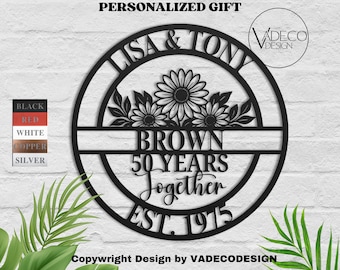 Custom 50 Years Together Floral Anniversary Gift Metal Sign 25 Years Together 30 Years Together Personalized Name Sign Metal Monogram Sign