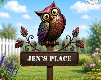 Funny Owl Garden Decor Whimsical Metal Yard Art Unique Gift for Garden Lover Bird Custom Bird With Stakes Garden Patio Sign Design