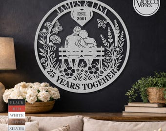 Regalo de 25º aniversario de bodas para padres, letrero metálico romántico personalizado para parejas, decoración de pared floral para aniversario de bodas de plata
