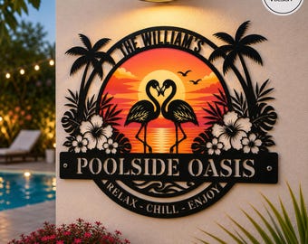 Flamingo Palm Tree Oasis Sign Metal Sign, Poolside Decor, Palm Trees Decor, Custom Backyard Oasis Sign, Patio Sign Outdoor Wall Decor Sunset
