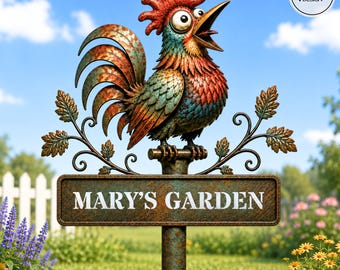 Funny Rooster Garden Decor Whimsical Metal Yard Art Unique Gift for Garden Lovers Bird Custom Bird With Stakes Garden Sign Flower Design