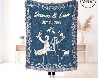 Manta tejida para pareja de recién casados, manta personalizada para despedida de soltera, manta tejida de algodón con nombres de la pareja, estilo cottagecore, regalos para recién casados