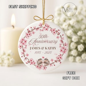 50th Anniversary Ornament Custom Anniversary Gift Golden Wedding Gift For Couple Gift For Her Christmas Ornament Lovebirds Cherryblossom