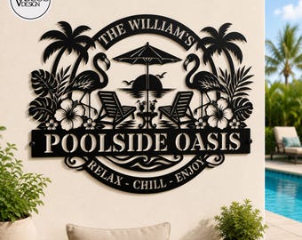 Personalized Flamingo Palm Tree Oasis Metal Sign Tropical Pool Decor Outdoor Pool House Wall Art, Rustic Backyard Oasis Gifts for Couples