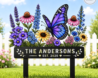 Butterfly Metal Garden Decor, Custom Name Turtle Stakes Garden Sign Flower Design Personalized Garden Sign Custom Garden Name Sign Home Gift
