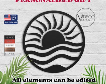 Decoración de pared metálica con diseño de olas solares y puesta de sol costera para patio, estilo bohemio, ideal para jardín oceánico o como regalo de inauguración.
