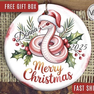 May include: A white ceramic Christmas ornament featuring a pink snake wearing a Santa hat. The ornament has the name "Donna" and the year "2025" on it, with the words "Merry Christmas" in gold and red.