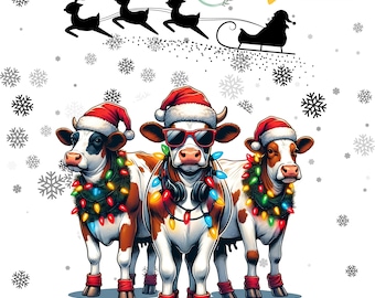 Watercolor Christmas Lights Cow PNG Farm Animal PNG Mooey Christmas Png Cow Lover Png Farmer Christmas Sublimation Digital Download 2 Vers