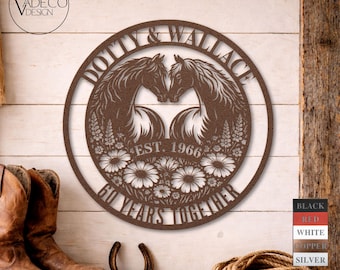 Regalo de 60 aniversario para parejas, Día de la Madre, Día del Padre, Letrero metálico personalizado para parejas de caballos, decoración rústica de pared estilo granja