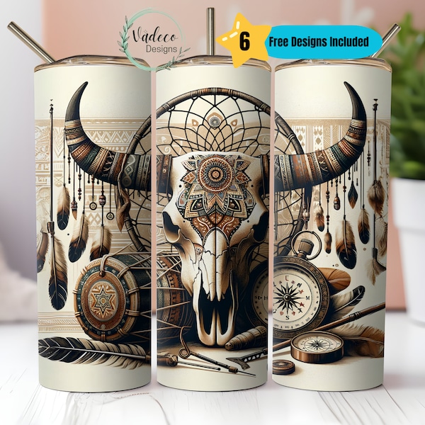 Boho Cow Skulls Western Tumbler Wrap PNG African Boho Style 20 oz Tumbler Sublimation Designs Western Tumbler Cowhide Tumbler Country Girl