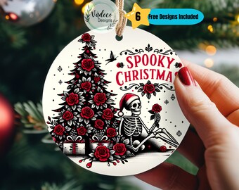Boho gotische griezelige kerstornament PNG sublimatie ontwerpen digitale download donkere kerst skelet kerst griezelige kerstboom rozen