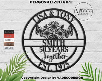 Custom 50 Years Together Floral Anniversary Gift Metal Sign 25 Years Together  30 Years Together Personalized Name Sign Metal Monogram Sign