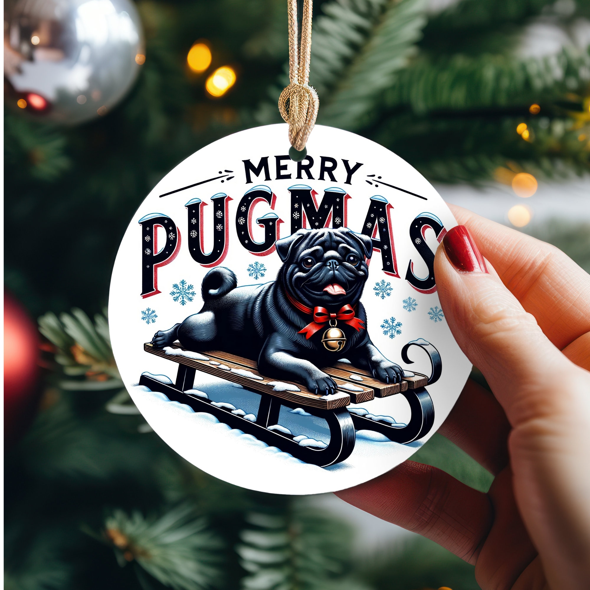 Black Pug Christmas Ornament PNG Merry Pugmas Sublimation Designs Art