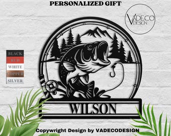 May include: Black metal wall art featuring a fish jumping out of the water, with a fishing rod and trees in the background. The name "WILSON" is displayed below. The words "PERSONALIZED GIFT" are at the top.