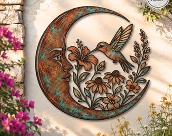 Crescent Moon Hummingbird Wall Decor, Wildflower Garden Art, Rustic Outdoor Metal Sign