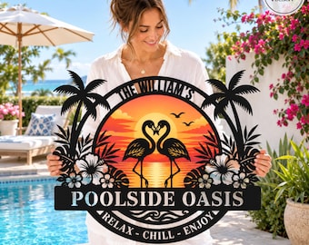Flamingo Palm Tree Oasis Sign Metal Sign, Poolside Decor, Palm Trees Decor, Custom Backyard Oasis Sign, Patio Sign Outdoor Wall Decor Sunset