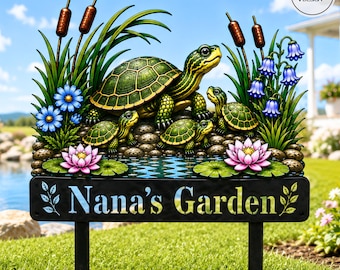 Turtle Metal Garden Decor, Custom Name Turtle Stakes Garden Sign Flower Design Personalized Garden Sign Custom Garden Name Sign Home Gift