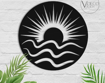 Escultura de metal con diseño bohemio tropical costero de olas solares, arte de pared, decoración minimalista para el hogar, puesta de sol y amanecer, arte de pared bohemio, regalo de inauguración de casa