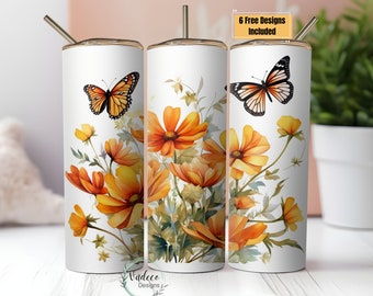 Watercolor Floral Butterfly Tumbler Wrap PNG 20oz Skinny Tumbler Sublimation Design Digital Download PNG Autumn Fall Halloween Tumbler Wrap