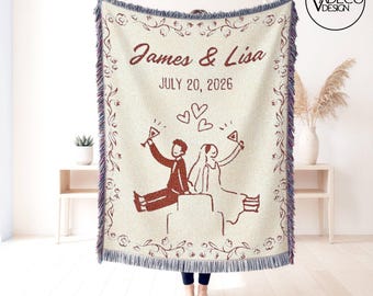 Manta tejida para pareja de recién casados, manta personalizada para despedida de soltera, manta tejida de algodón con nombres de la pareja, estilo cottagecore, regalos para recién casados