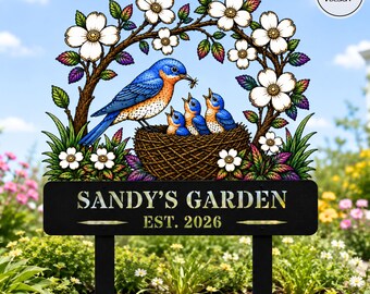 Bluebird Metal Garden Decor, Custom Hummingbird Bird with Stakes Garden Flower Design Personalized Garden Sign Garden Name Sign Home Gift