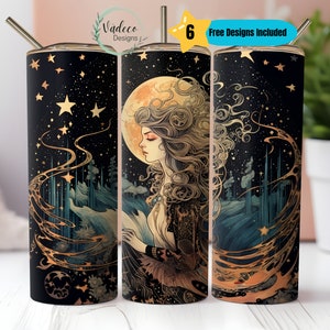 Boho Full Moon Witch Celestial Galaxy Astrology 20oz Skinny Tumbler Sublimation Design Templates Straight PNG Digital Download Moon Goddess