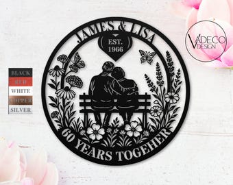 Letrero metálico del 60.º aniversario con monograma personalizado del nombre de la familia. Regalo personalizado para celebrar un hito importante en la boda de diamantes para padres y abuelos. Año de fundación.