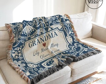 Manta personalizada para abuela, diseño floral con mariposas, manta tejida con nombres personalizados, regalo para la abuela, regalo para el Día de la Madre, manta con nombres de los nietos.