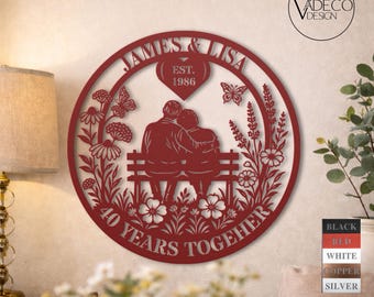 Regalo para el 40.º aniversario de bodas de rubí para pareja, letrero de pared de metal rústico personalizado con nombres personalizados, decoración de aniversario para padres.