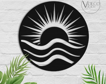 Escultura de metal para pared con diseño bohemio tropical costero y sol. Arte minimalista para el hogar. Arte moderno para la decoración del hogar. Atardecer y amanecer. Regalo ideal para inauguración de casa.