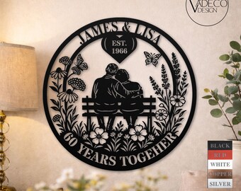 Letrero metálico del 60.º aniversario con monograma personalizado del nombre de la familia. Regalo personalizado para celebrar un hito importante en la boda de diamantes para padres y abuelos. Año de fundación.