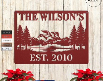Duck Hunter Gift Personalized Metal Name Sign Custom Carved Cabin Gift Man Cave Wedding Family Last Name Established Camp Lake House Decor