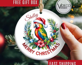 Custom Christmas Tropical Parrot Ornament with Name Christmas Light Bird Lovers Decor Holiday Unique Xmas Gift For Boy Grandson Girl Kids