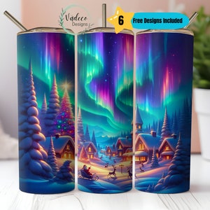 Northern Lights Night Christmas Tumbler Wrap Santa Village 20oz Skinny Tumbler  Sublimation Design Digital Download PNG Christmas Gift Xmas