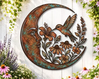 Hummingbird Crescent Moon Wall Art Wildflower Garden Decor Patina Moon Sign Boho Decor Floral Hummingbird Metal Art Botanical Garden Decor