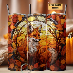 Halloween Stained Glass Fox Tumbler Wrap, 20oz Skinny Tumbler, Sublimation Tumbler, Tumbler Design, Tumbler PNG, Straight Tumbler,Fall Fox