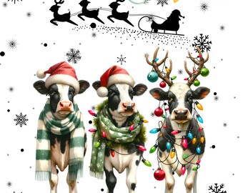 Watercolor Christmas Lights Cow PNG Farm Animal PNG Mooey Christmas Png Cow Lover Png Farmer Christmas Sublimation Digital Download 2 Vers