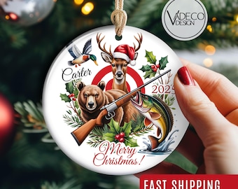 Custom Deer Hunting and Bass Fishing Ornament Fishing Ornament Duck Hunting Lover Gift For Dad Grandpa Camping Christmas Ornament Keepsake