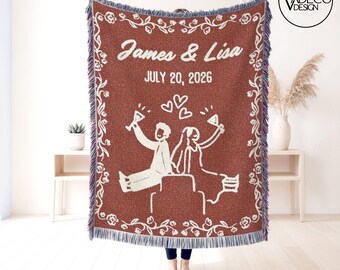 Manta tejida para pareja de novios, manta personalizada para despedida de soltera, manta tejida de algodón con nombres de pareja, estilo cottagecore, regalos de boda