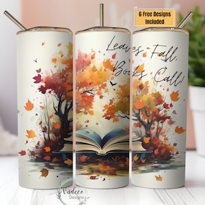 Book Tumbler Wrap,Watercolor Leaves Fall Books Call,20 oz Straight Tumbler PNG,Seamless Tumbler Wrap Sublimation PNG Design,Digital Download