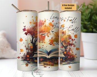 Book Tumbler Wrap,Watercolor Leaves Fall Books Call,20 oz Straight Tumbler PNG,Seamless Tumbler Wrap Sublimation PNG Design,Digital Download