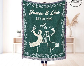 Manta tejida para pareja de novios, manta personalizada para despedida de soltera, manta tejida de algodón con nombres de pareja, estilo cottagecore, regalos de boda