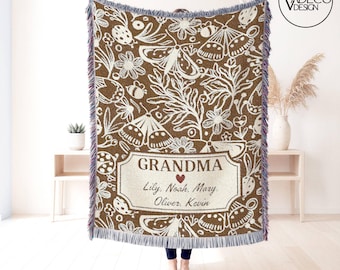 Manta para abuela personalizada, tejida, con estampado floral y mariposas verdes, regalo para la abuela, regalo para el Día de la Madre, manta con nombres familiares personalizados.