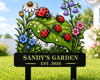 Lady bug Metal Garden Decor, Custom Bird with Stakes Garden Sign Flower Design Personalized Garden Sign Custom Garden Name Sign Home Gift