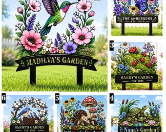 Hummingbird Metal Garden Decor, Custom Bird with Stakes Garden Sign Flower Design Personalized Garden Sign Custom Garden Name Sign Home Gift