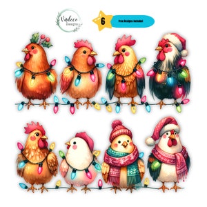 Puede incluir: Seis ilustraciones digitales de pollos con gorros de Papá Noel y bufandas, con luces de Navidad coloridas envueltas a su alrededor. Los pollos están de pie sobre un fondo blanco. Diseños gratuitos incluidos.