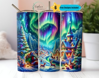Northern Lights Night Christmas Tumbler Wrap Santa Village 20oz Skinny Tumbler  Sublimation Design Digital Download PNG Christmas Gift Xmas