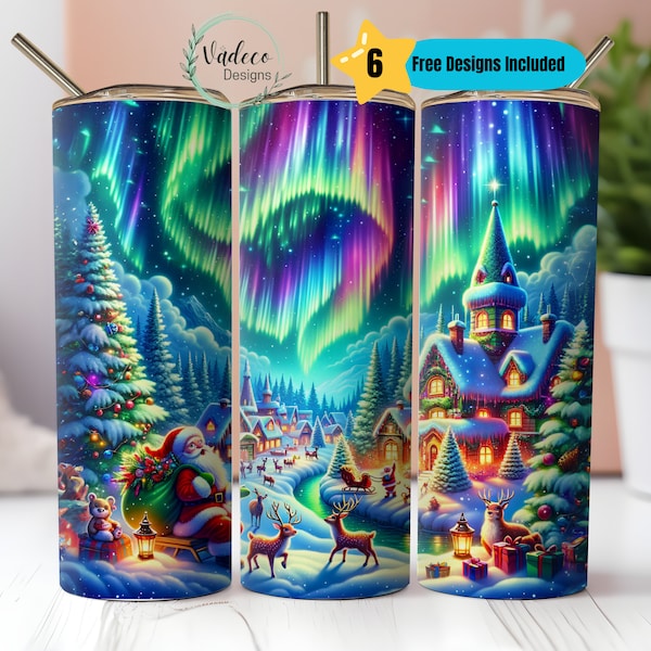 Northern Lights Night Christmas Tumbler Custom Santa Village 20oz Skinny Tumbler  Sublimation Design Christmas Gift For For Friends Cowokers