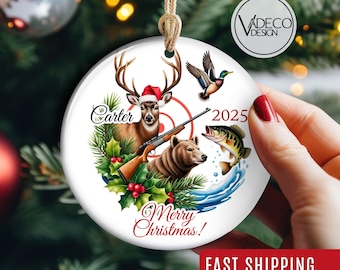 Custom Deer Hunting and Bass Fishing Ornament Fishing Ornament Duck Hunting Lover Gift For Dad Grandpa Camping Christmas Ornament Keepsake